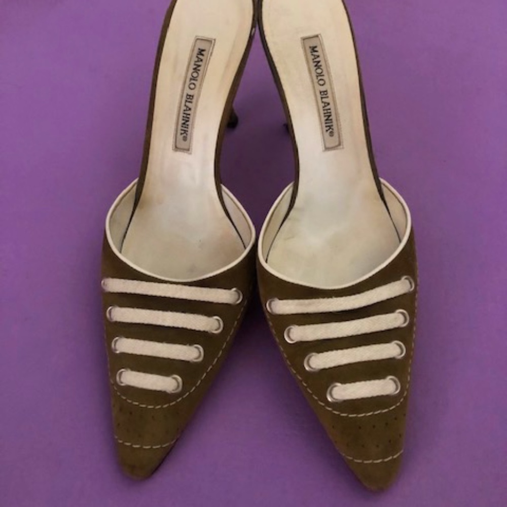 Manolo Blahnik olive slip ons